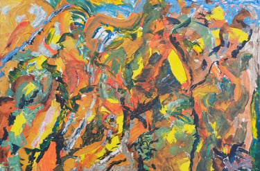 Riot of Spring — fluid blue organic forms on amber ground, large abstract acrylic, by Zanda