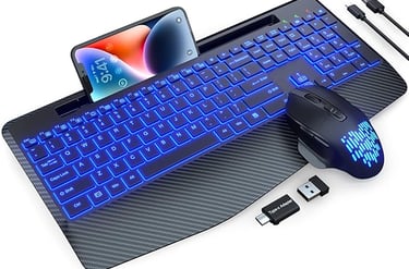 Wireless Keyboard and Mouse Backlits, Wrist Rest, Jiggler Mouse, Rechargeable Ergonomic Keyboard with Phone Holder, Silent Li