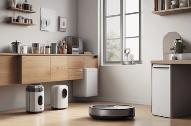 Modern electronic devices including coffee machines and scooters displayed on a shelf.