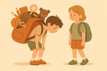 Niño con mochila desordenada junto a otro con mochila ligera y organizada, simbolizando el principio