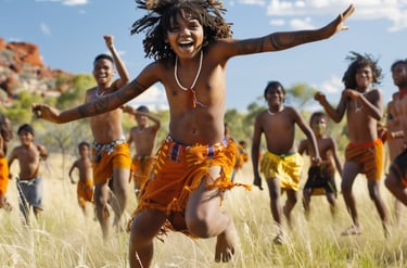 Happy smiling Australian Aboriginal children running and playing in bush