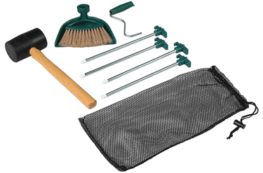camping kit of mallet, broom and dustpan, tent pegs and puller