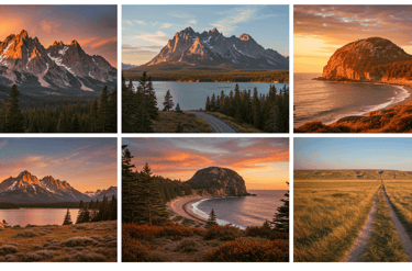 Mountains, lake, grass field, ocean views of US scenic National Parks