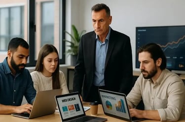 Tres jóvenes están sentados alrededor de una mesa, atentos a la pantalla de un ordenador portátil.