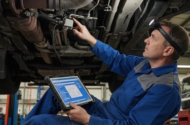 Technician using a diagnostic tablet to inspect a Volvo truck's differential pressure sensor under the chassis.