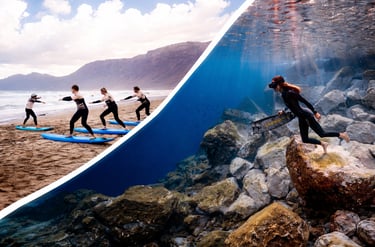Clases de surf en la arena en la playa de famara y clases de apnea