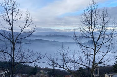 View from Grand Hotel San Marino of the foggy low lands towards Rimini