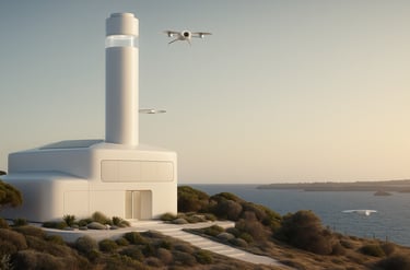 a plane flying over a lighthouse in the sky