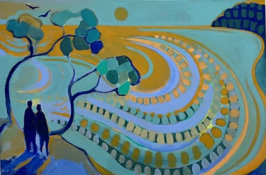 a painting of two figures looking out over the ocean