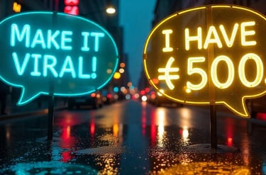 wo speech bubbles: Left—‘Make it viral!’ Right—‘I have ₹500.