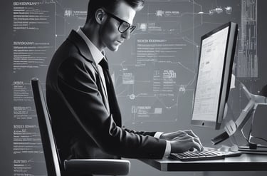 A computer screen displaying web design content and code side by side. The left side features text describing a product designer's work and experience, while the right side shows colorful, highlighted code lines on a dark background.