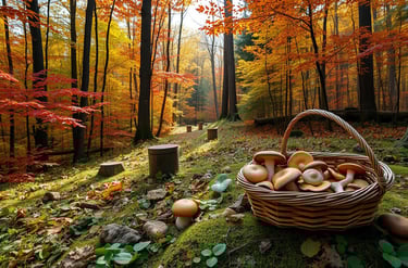 forest scene in autumn with basket of mushrooms