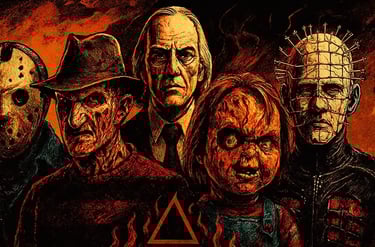 Five classic horror icons—Jason, Freddy, Pinhead, Chucky, and the Tall Man—in a fiery occult scene.