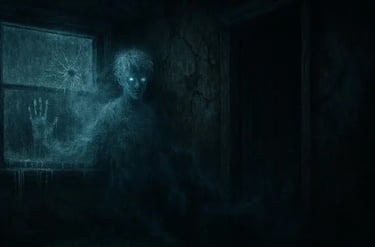 Wide horror illustration of a prison hallway with frost creeping along the walls, ghostly handprints glowing on cell doors