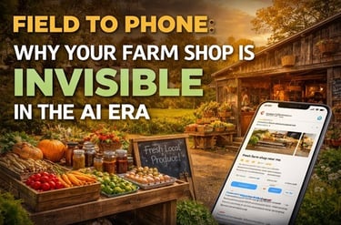 Farm shop produce with smartphone showing AI search results, SEO guide concept