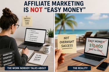 Realistic comparison between hard work and online passive income expectations in affiliate marketing