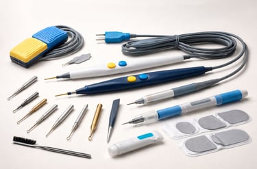 Electrosurgical tools including cables, handpieces, and electrodes on a white background.