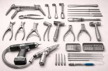 Orthopedic tools like pliers, drills, and screwdrivers on a white background.