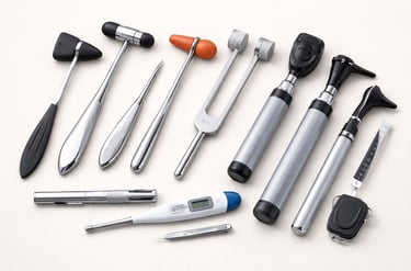 Diagnostic tools like reflex hammers, thermometers, and otoscopes on a white background.