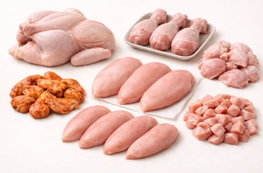 Processed halal chicken cuts including breast fillets, wings, drumsticks, and diced poultry