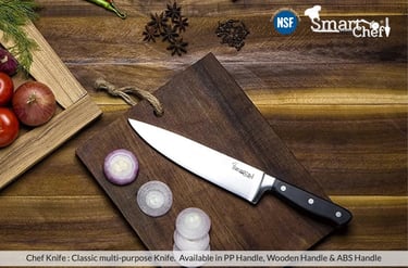 Smart Chef stainless steel kitchen knife on a wooden cutting board with sliced red onions and spices.