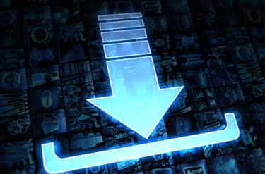 a blue arrow pointing up to a computer screen