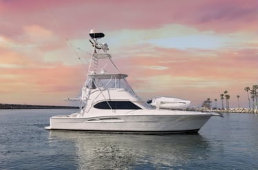 a boat in the water with a pink sky and palm trees