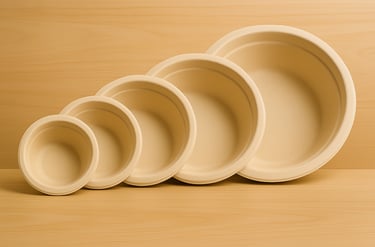 Sustainable bagasse bowls set, eco-friendly alternatives for soups, snacks, and desserts.