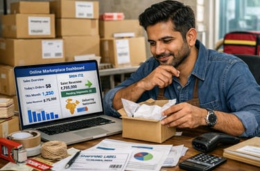 Small business owner tracking e-commerce sales on an online marketplace dashboard while packing an order.