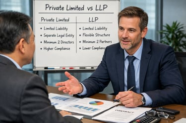 Professional consultant explains Private Limited vs LLP company structures to a client during a business meeting.