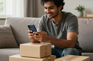 Smiling man using a smartphone to track delivery packages on a coffee table.