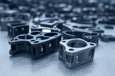 a bunch of black and white metal parts on a table