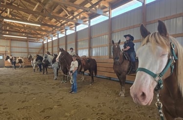 A group of people and horses in an arena for a clinic.
