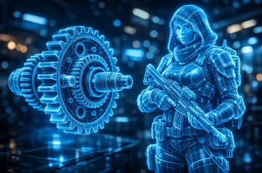 Digital 3D wireframe and holographic blueprint of an STL file for mechanical gears and character mod
