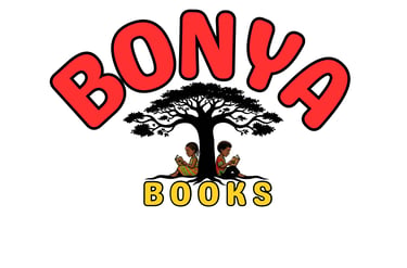 Bonya Books logo featuring a Baobab tree with two Black children reading underneath
