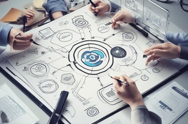 A professional team collaborating around a table with charts and laptops.