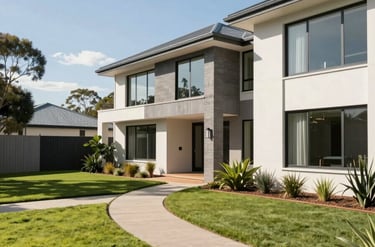 Wide environmental shot of a modern Australian home exterior, north-facing facade with large windows catching bright midday daylight, manicured garden path leading to the entrance, subject placed in the right two-thirds of the frame, generous open sky and greenery to the left