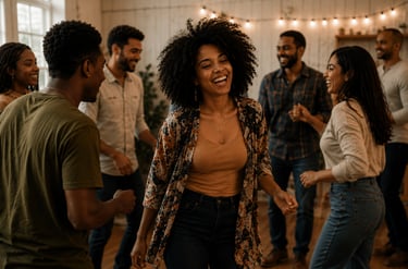 A group of diverse people dancing and laughing at a cheerful indoor social event with string lights.