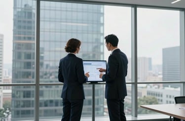 Two professionals discussing business strategy in office with city view background