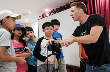 a man explaining a camera to kids