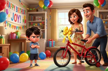An unhappy young boy at a birthday party reacts to a new red bicycle gift from his parents.