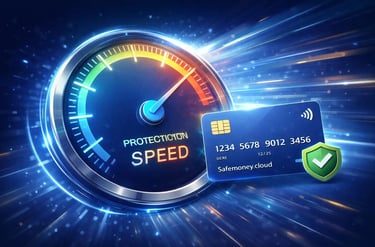 Payment card security speedometer showing real time fraud protection fast transaction control and instant payment approval