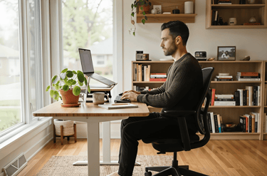 Remote worker practicing healthy desk posture in a modern home office setup.