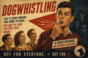 Vintage propaganda poster explaining dog whistling as a coded message for an intended audience.