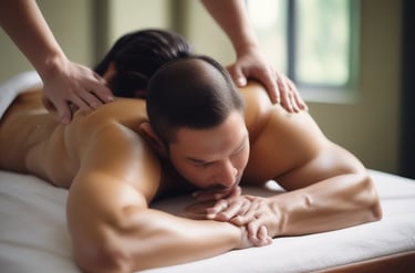 A certified therapist performing gentle Thai massage stretches.