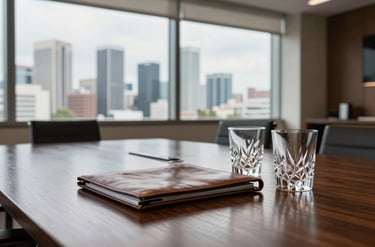 An interior shot of a sophisticated South American boardroom. Through the window, a clean Brazilian skyline is visible. On the dark wood table sits a leather-bound folder and two crystal glasses, reflecting a high-level B2B business atmosphere. Soft, premium indoor lighting.