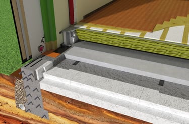 Cutaway view of a "Passive House" modular building unit placed on a cement foundation.