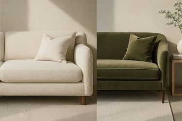 Editorial moodboard showcasing bouclé, velvet, and buttery leather sofas in a refined interior setting.