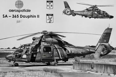 Dessin réaliste en noir et blanc de l'hélicoptère SA365 Dauphin