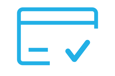 Blue payment icon: credit card with blue check on white circle background.
